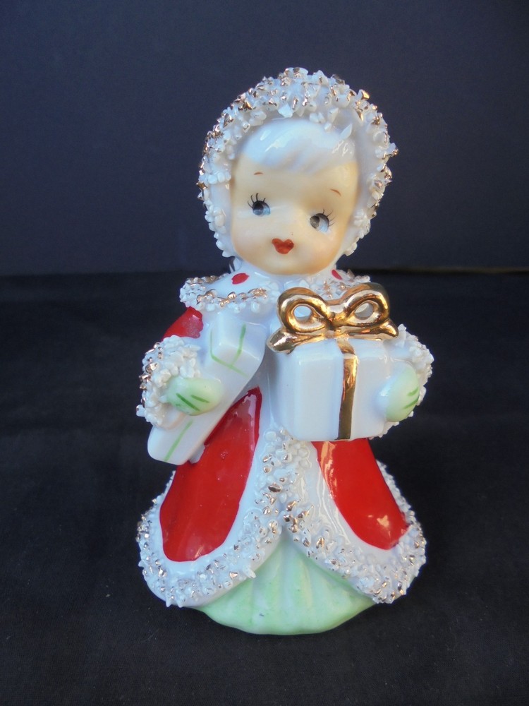 Vintage Lefton Angel Bell Figurine Holding Christmas Gift Ceramic Spaghetti Trim