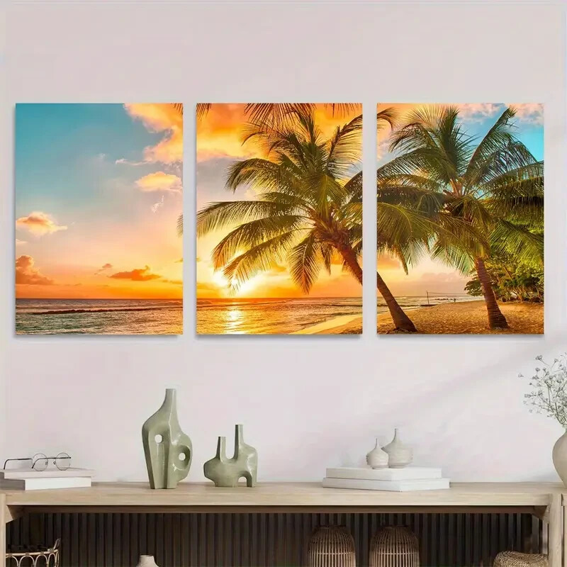 3pcs Beach Sunset Tropical Palm Tree Ocean View Metal Print  Ready to Hang Art