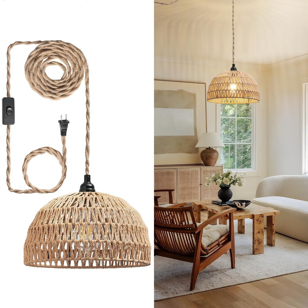 Rattan Hanging Lamp,Boho Pendant Lights,Plug in Cord Hanging Rattan Light,Plu...