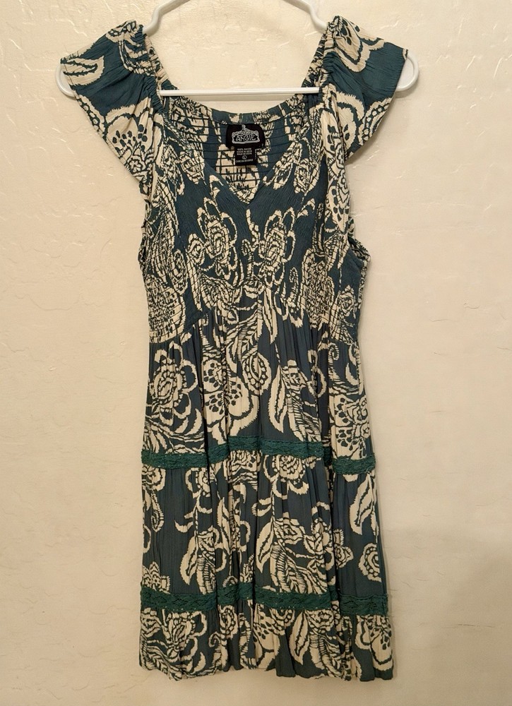 Angie Dress Size Large Green Floral Smock Waist Beach Boho