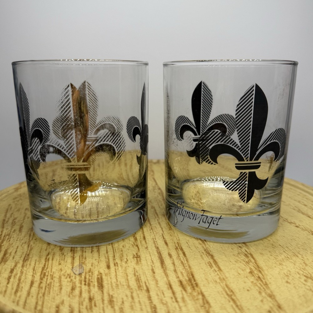 Mignon Faget Cocktail Glasses Fleur de Lis Set Of 2 Heavy Wear To Gold