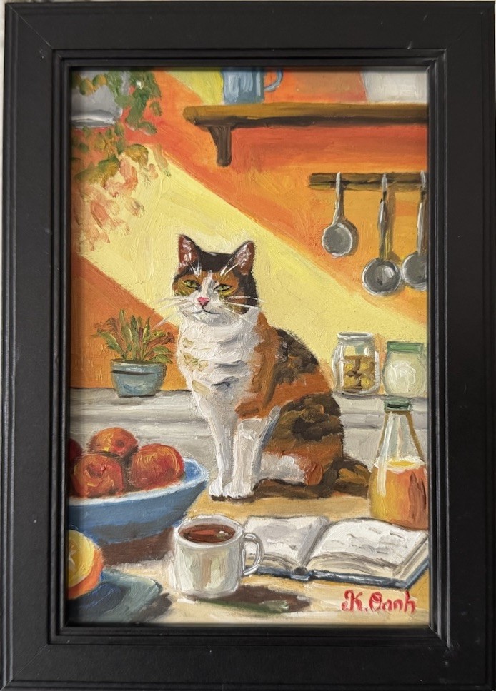 ORIGINAL OIL PAINTING CALICO CAT IN THE KITCHEN SIGNED FRAMED 4x6