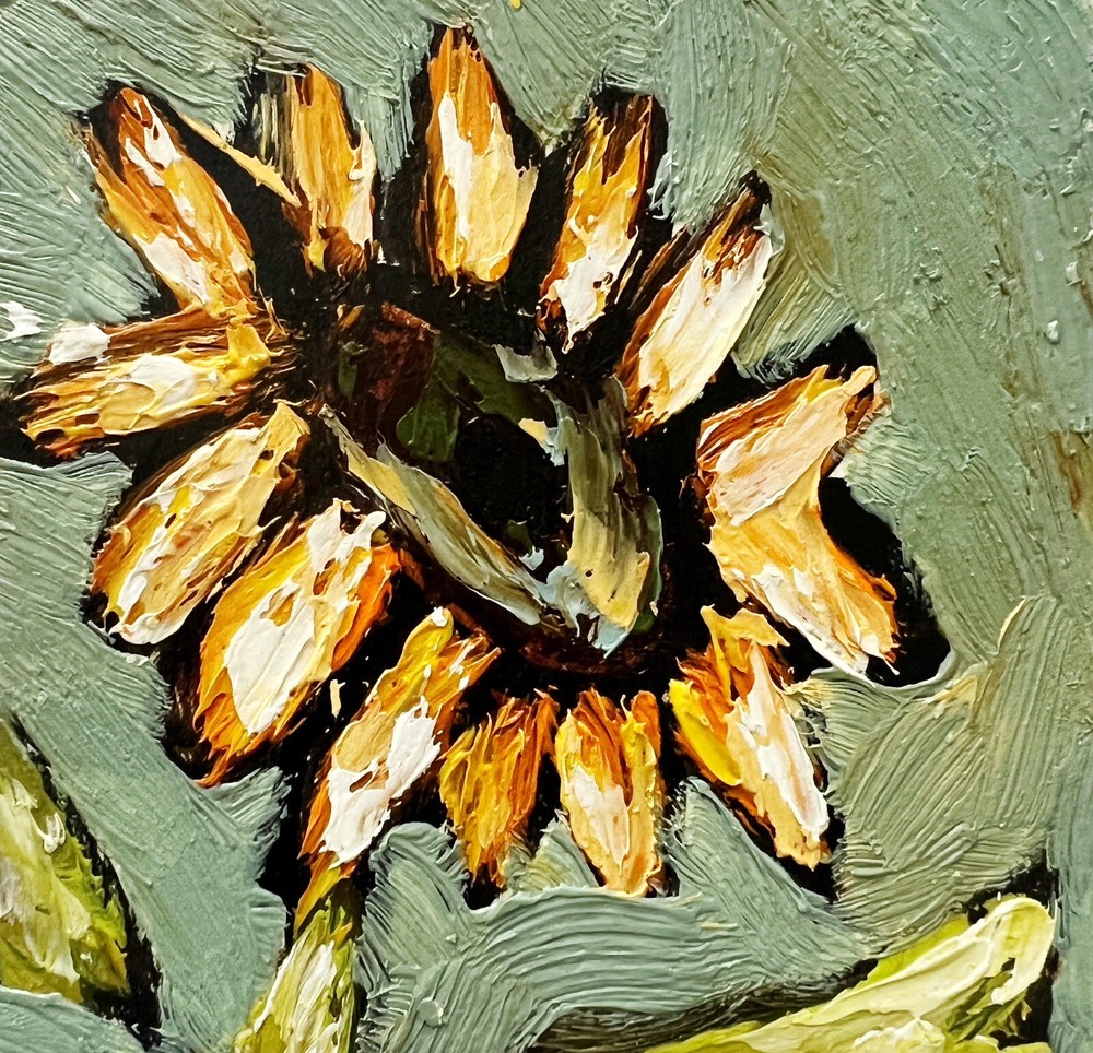 Miniature Original Rustic Sunflower Oil Painting by Ukrainian Artist Signed