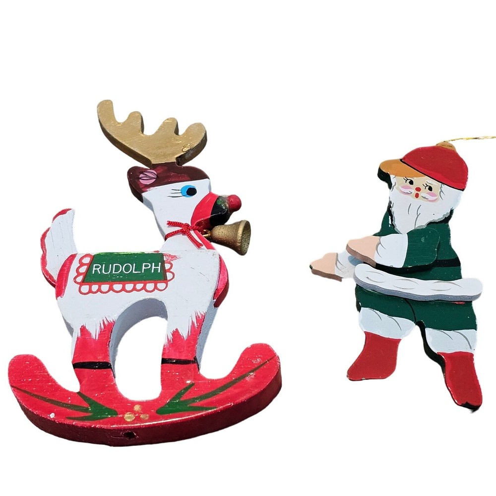Vintage Wooden Christmas Ornaments 80s Rudolph Reindeer 5
