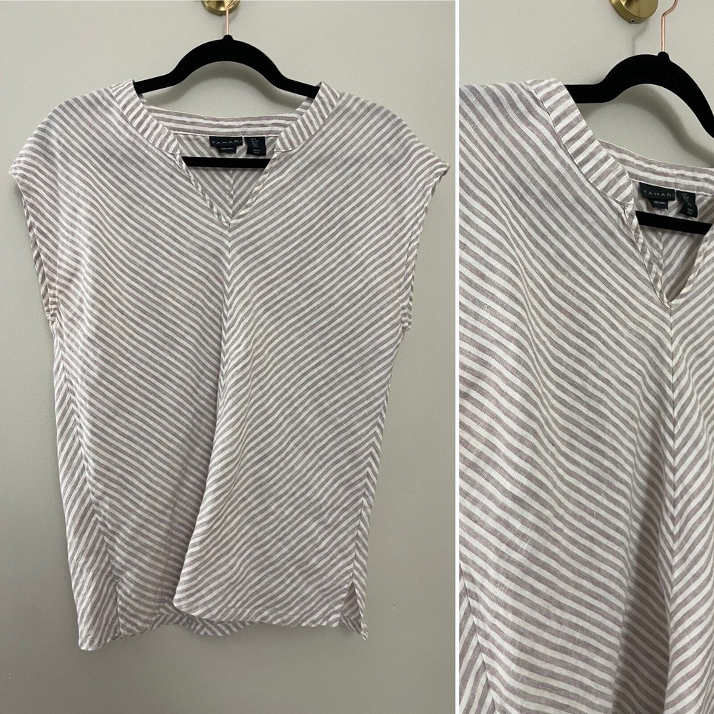100% Linen Tahari Beige & Cream Stripe Minimalist Lagenlook V-Neck Boxy Top S/M