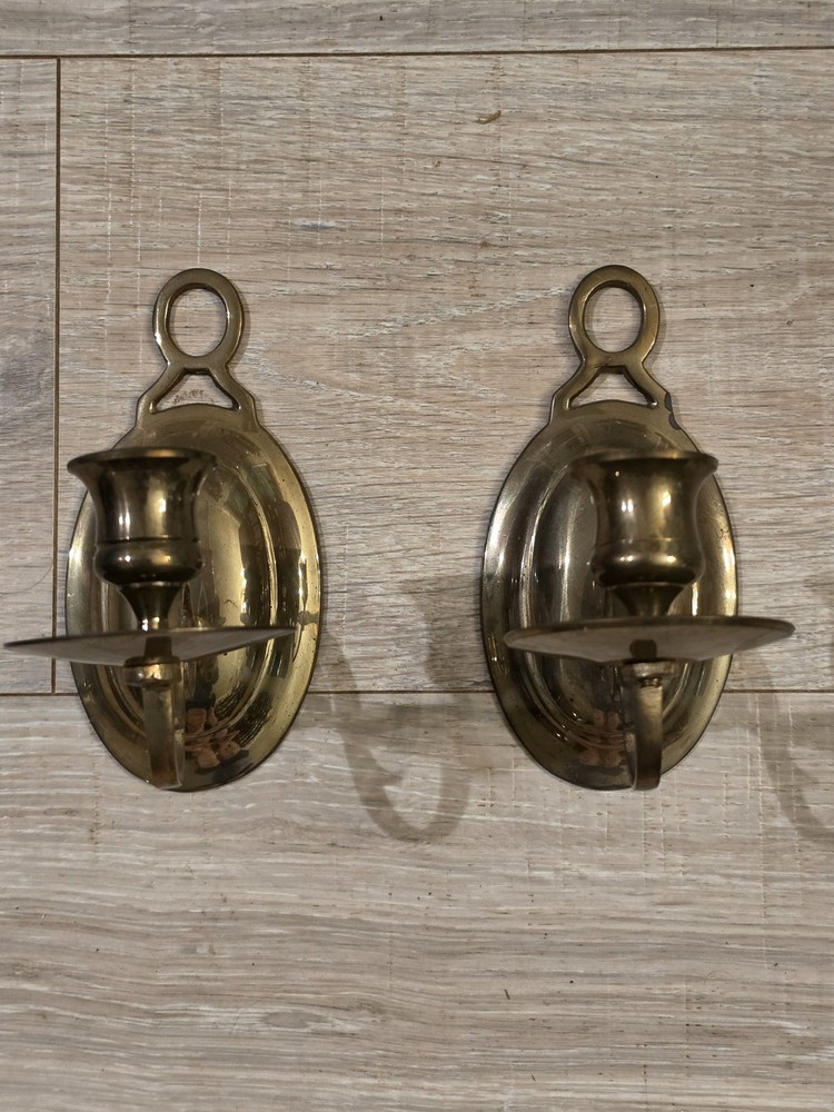 Vintage Solid Brass Wall Candle Sconces | Pair | Oval Backplate Loop Hanger