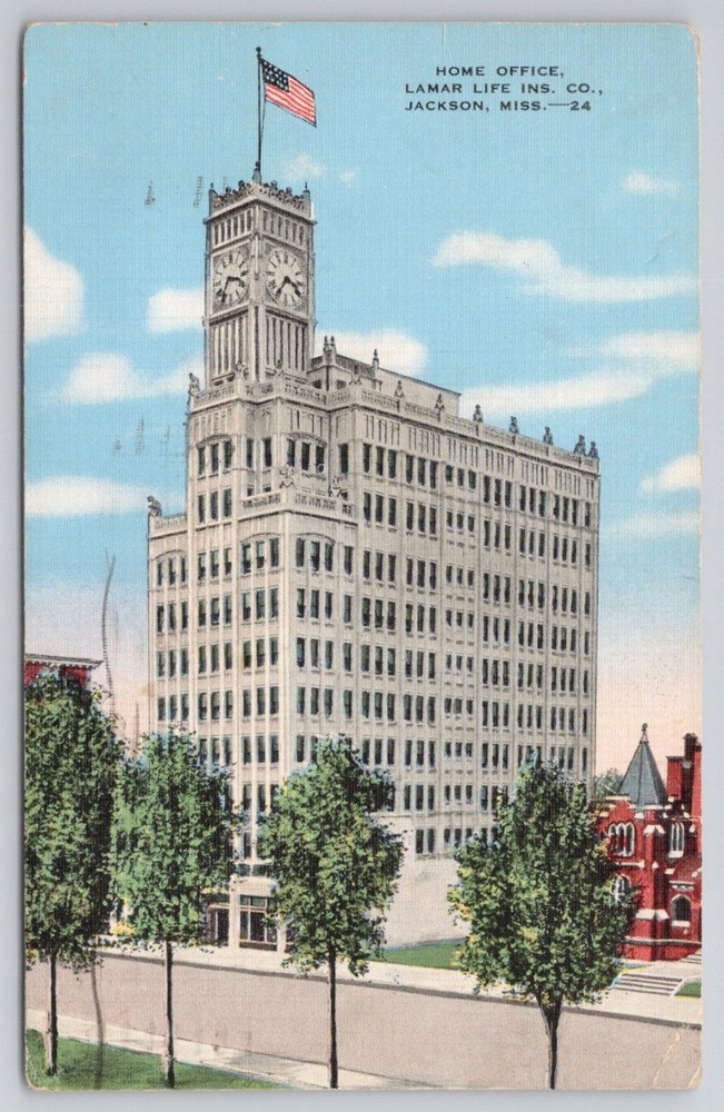 Jackson MS Lamar Life Insurance Co. Building Clock Tower Linen Postcard 1940s