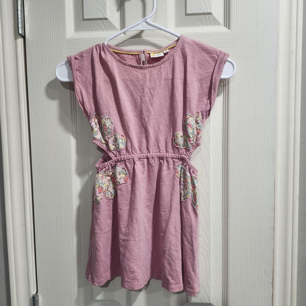Mini Boden Girls 5-6Y Pink Cotton Dress Floral Butterfly Applique Side Cutouts