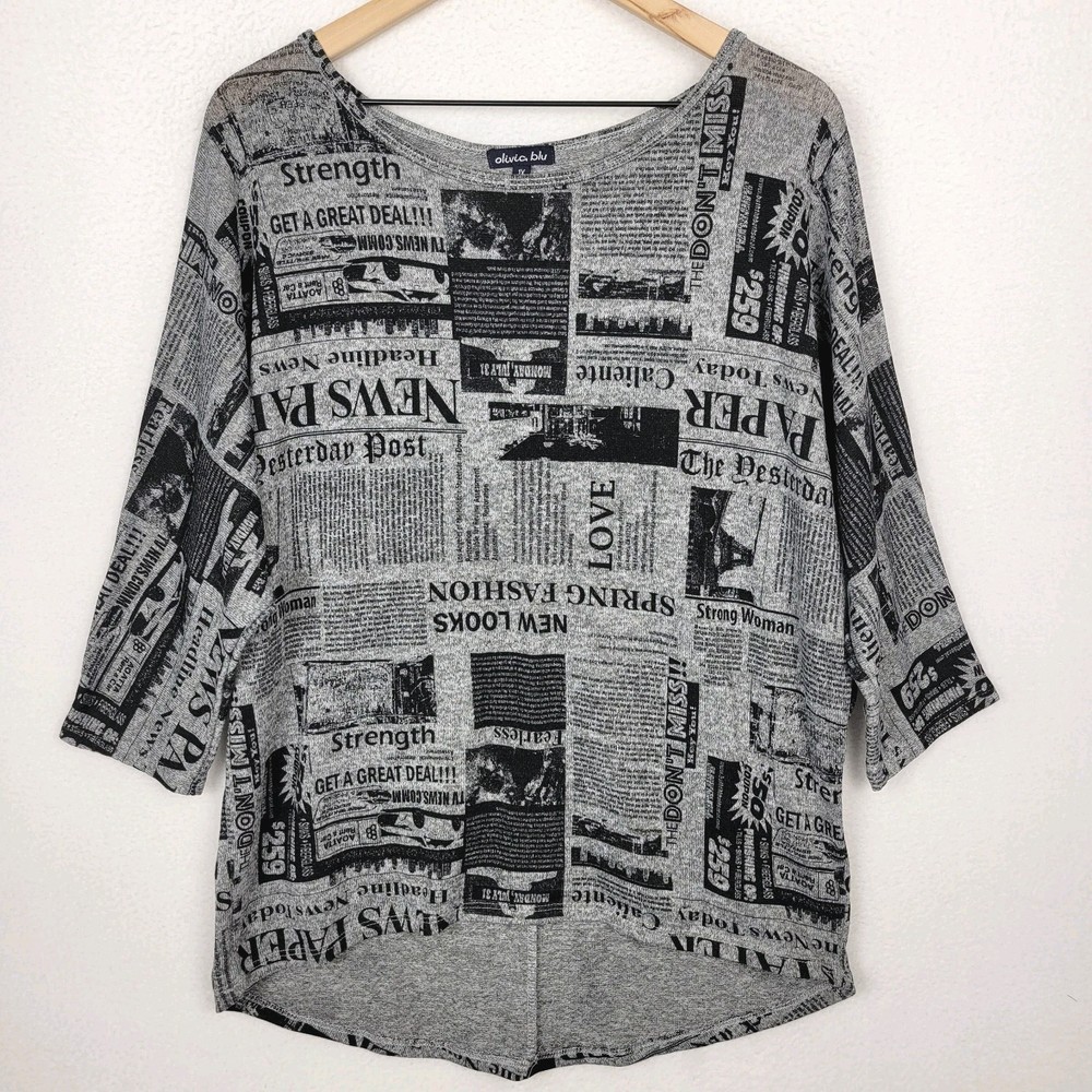 Olivia Blu Graphic Newspaper Print Dolman Tunic Top Women’s 1X Gray Black Artsy