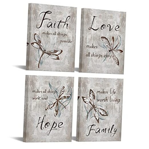 4 Piece Insect Painting Dragonfly Canvas Wall Art Prints Faith Love Hope