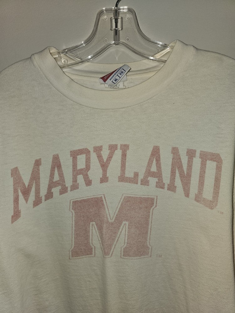 Vintage University Of Maryland Champion Xl Mens Cream Graphic Logo Long Sleeve