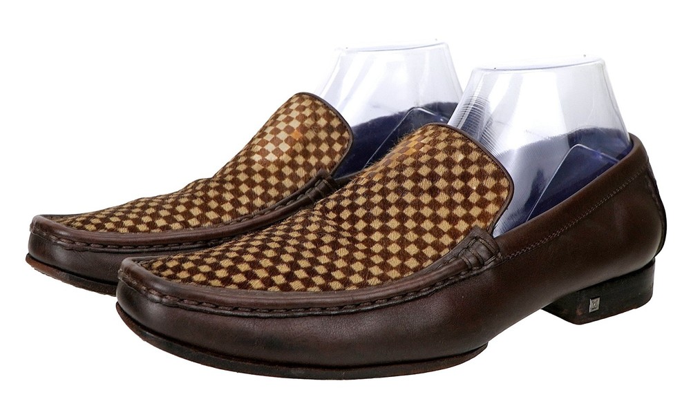 Authentic LOUIS VUITTON Brown Leather Damier Pony Hair Shoes UK 7 US 9 Italy