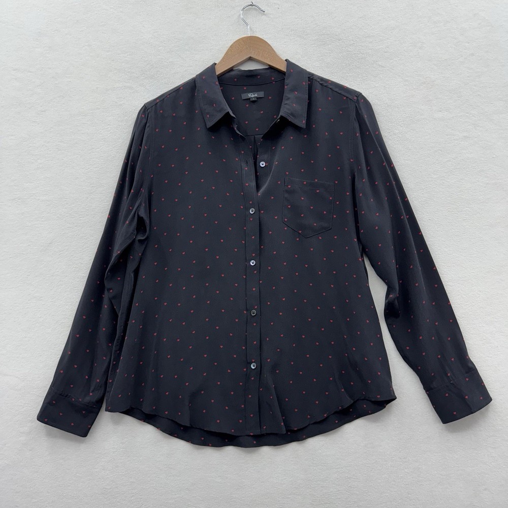 Rails Women’s Large Black Kate Red Mini Heart Button Up Silk Shirt