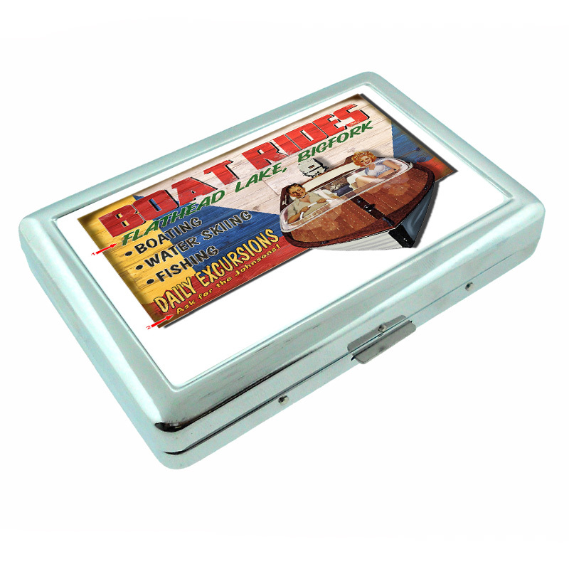 Vintage Poster D238 Silver Metal Cigarette Case Wallet Flathead Lake Boat Rides