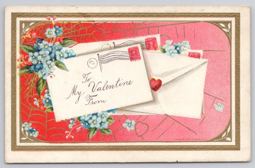 Antique Valentine Postcard M.B.L. & Dennison Embossed Hearts Forget-Me-Nots