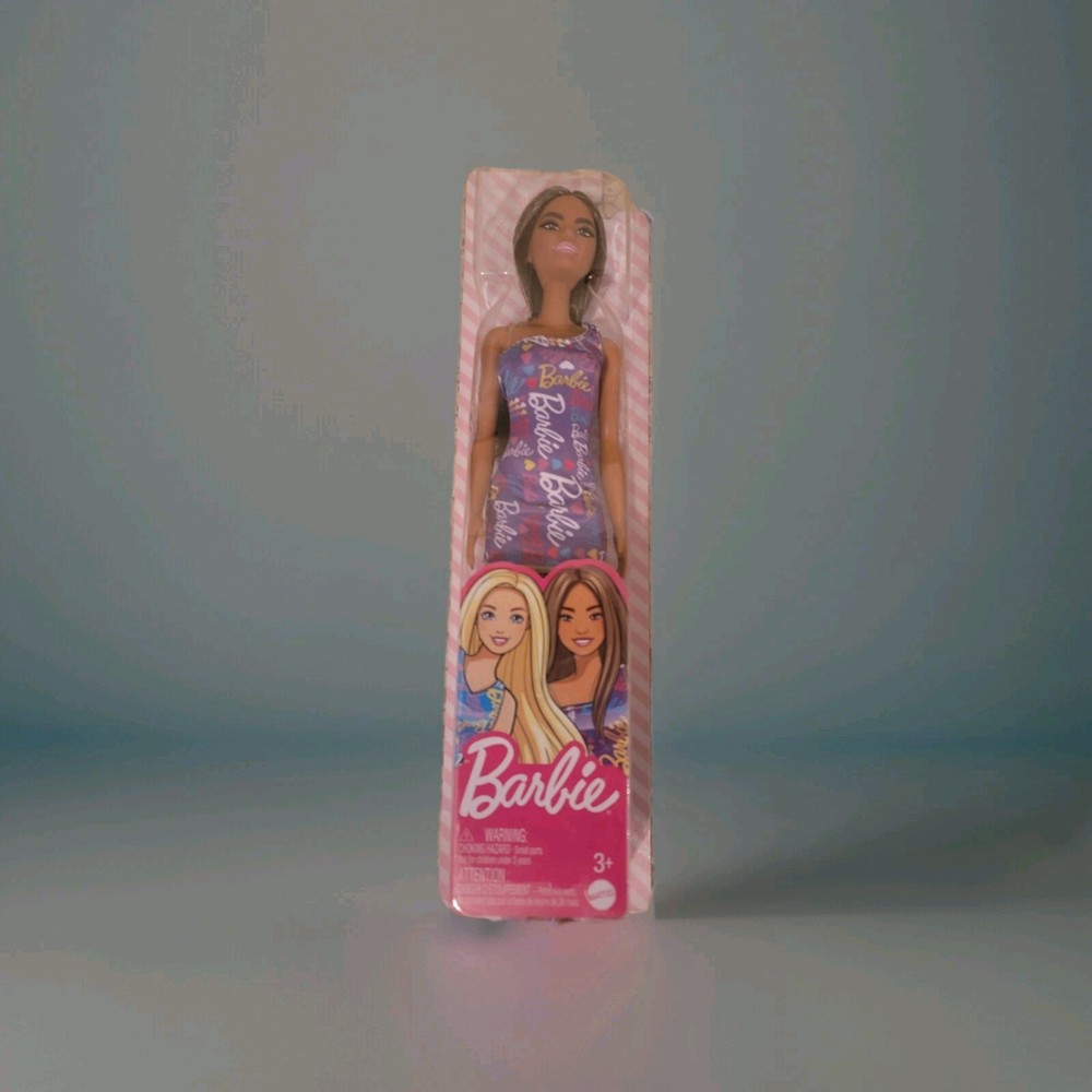Mattel Barbie Doll Brunette In Purple Barbie Logo Dress.