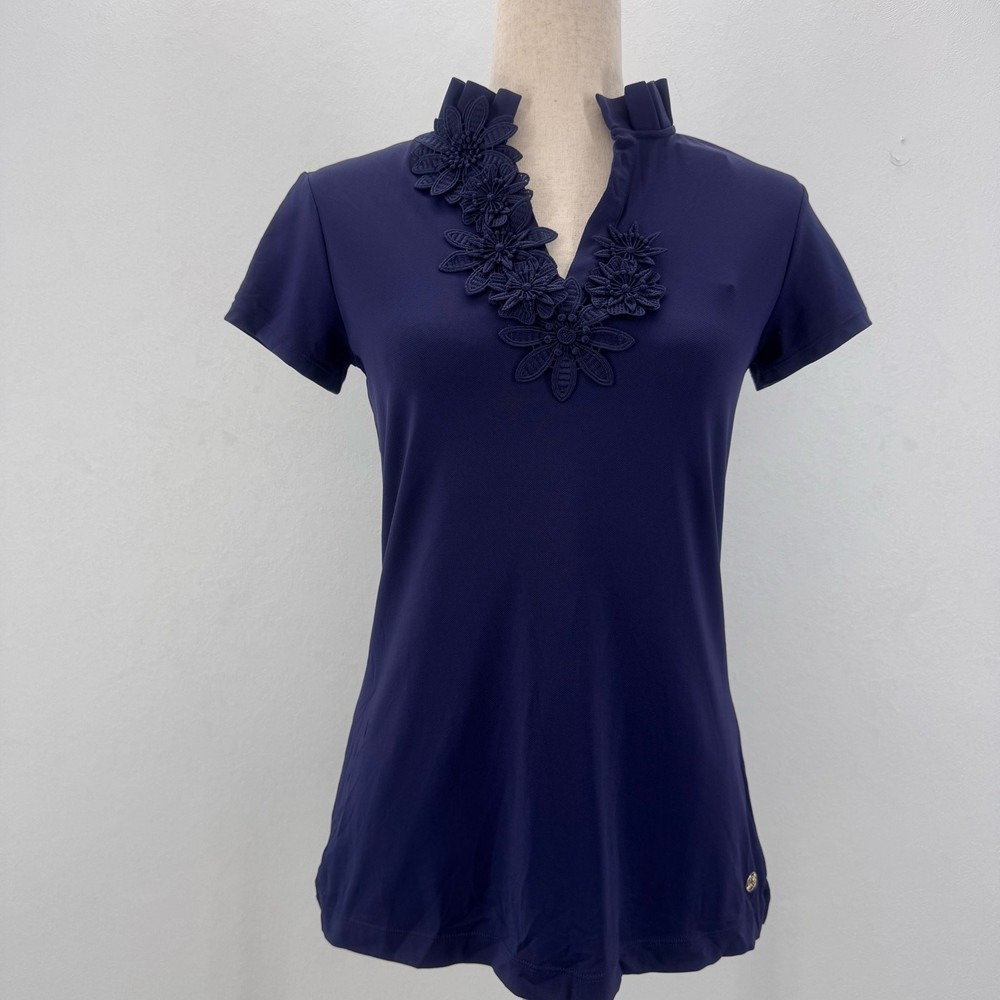 Lilly Pulitzer UPF 50+ Luxletic Frida Ruffle Polo Shirt Navy sz S Sporty Preppy