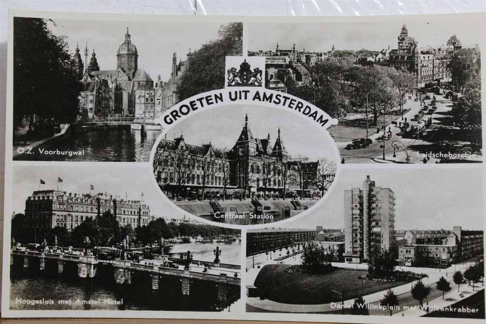 Netherlands Amsterdam Greetings Central Station Leidschboschie Postcard Old View