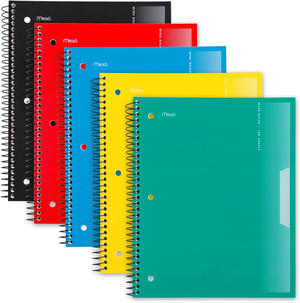 5-Pack Spiral Notebooks with Wide Ruled Paper & Plastic Cover, 8x10.5 Inches