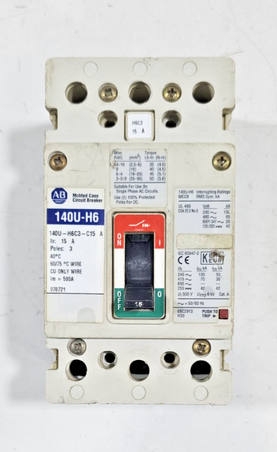 ALLEN BRADLEY MOLDED CASE CIRCUIT BREAKER 140U-H6 C15A  15A 3POLE 65kA 690V USED