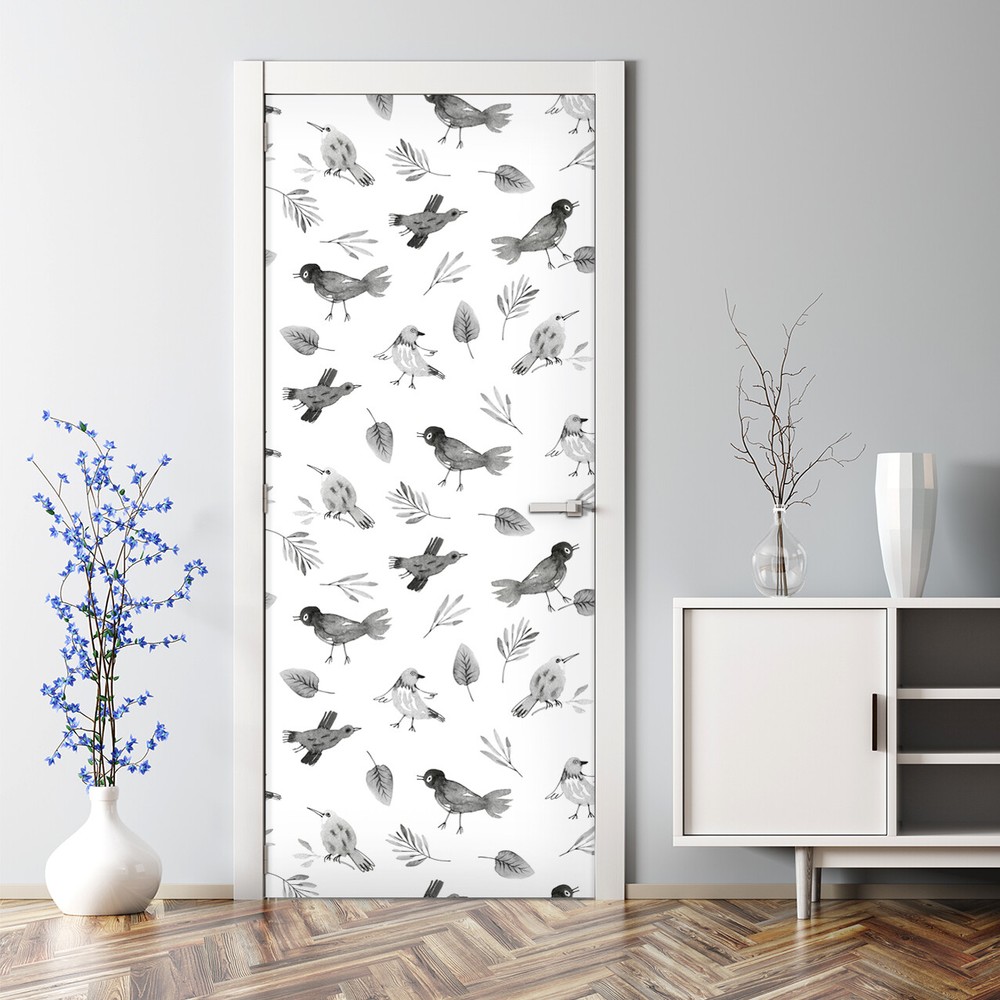 Hand drawn birds Renters Grey small sparrows Pattern Self Adhesive Door Decal
