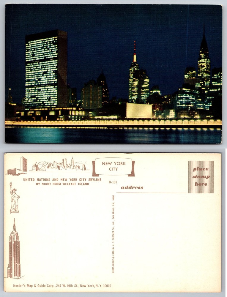 NYC United Nations Skyline Night View Postcard from Welfare Island Mirro-Krome