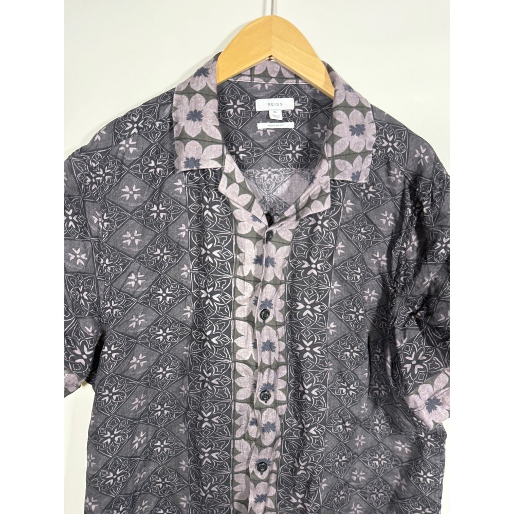 Reiss Mens XL Regular Fit Short Sleeve Button Up Shirt Grey Purple Floral Print