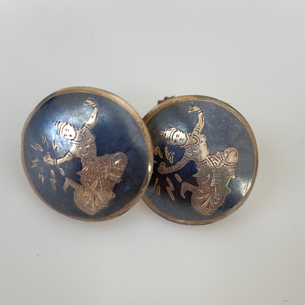 Vintage Siam 925 Sterling Silver Enamel Dancer Goddess Screw Back Earrings