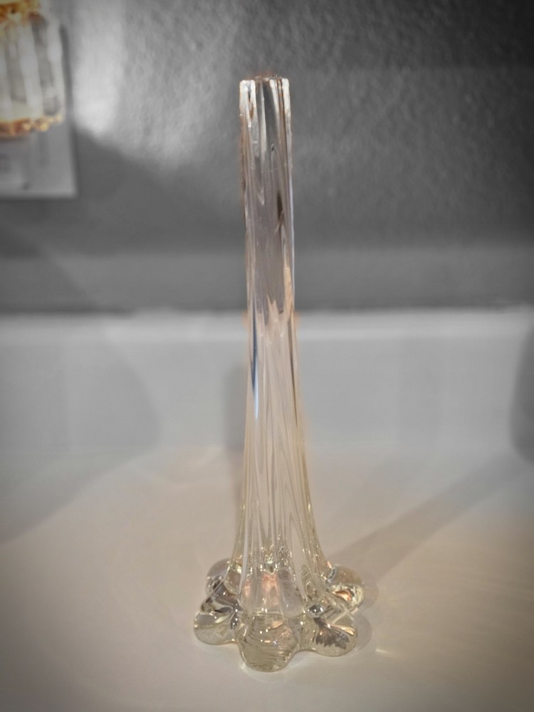 Art Glass Bud Vase Clear Elephant Foot Base 11” Tall Vase  Twisted Stem Pulled