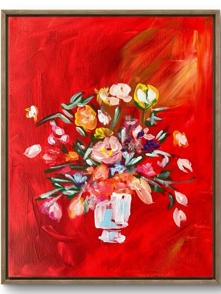 TITA PAINTZ Red Bouquet Flowers Vase Hand Painted 11x14 Canvas Wall Art