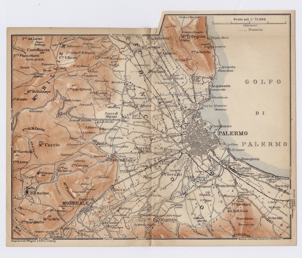 1900 Antique Map Of Vicinity Of City Of Palermo / Sicily