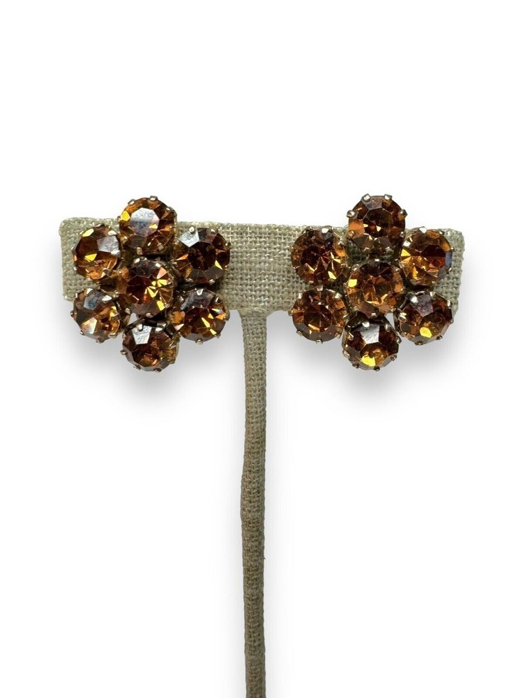 Weiss Vintage Brown Amber Rhinestone Clip On Earrings Gold Tone 1950s