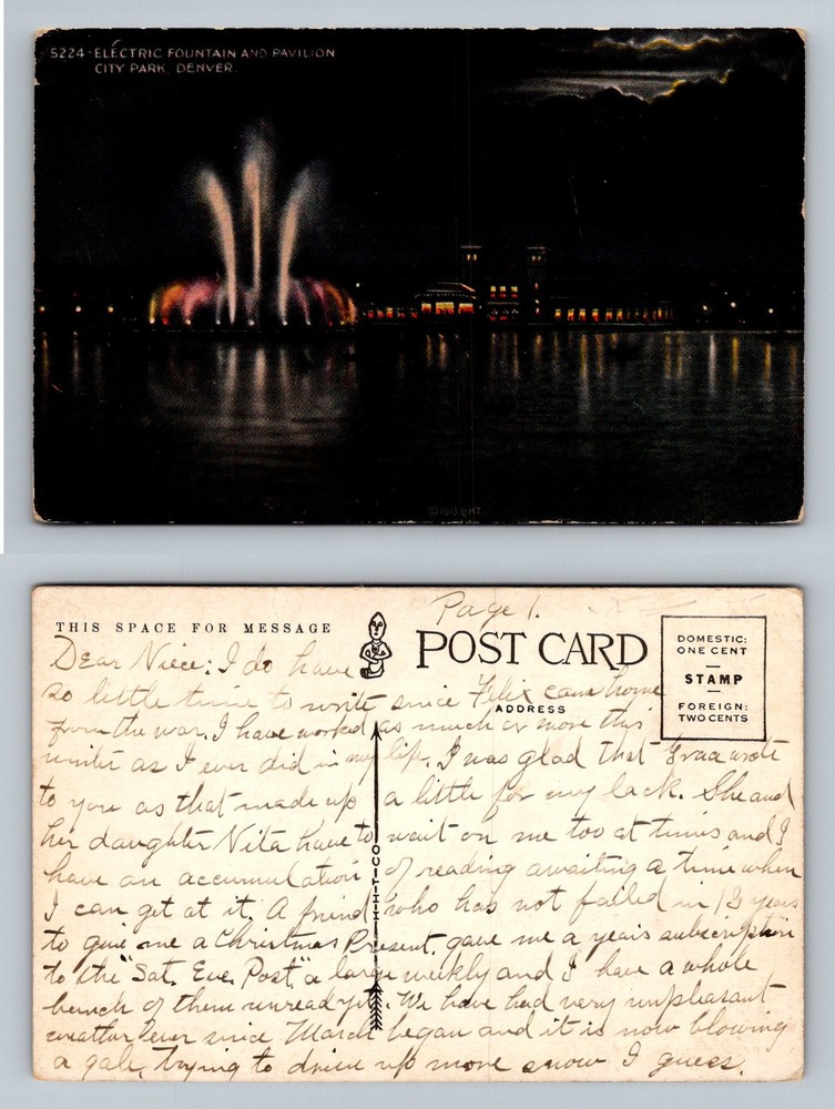 Denver, CO-Colorado, Electric Fountain Pavilion City Park Night Vintage Postcard