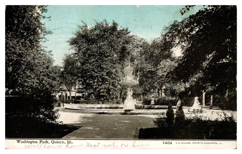 1910 Fountain In Verdant Washington Park Quincy Illinois Vintage Postcard