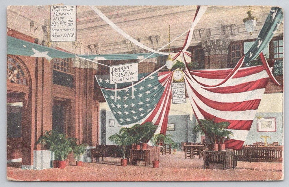 1910 USS Virginia Homeward Bound Pennant Naval YMCA Norfolk Postcard