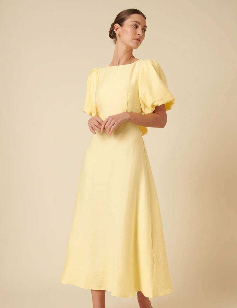 Nobody's Child Puff Sleeve Zola Midi Dress - Yellow - Size 12