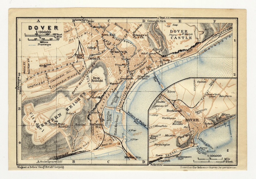 1927 Original Vintage City Map Of Dover / Kent / England
