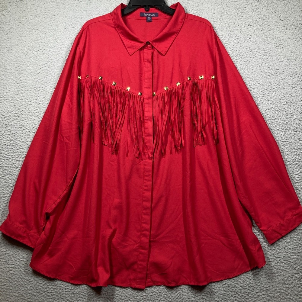 Roaman's Western Top Womens Plus 28W Red Cowgirl Fringe Button Up Flowy Shirt