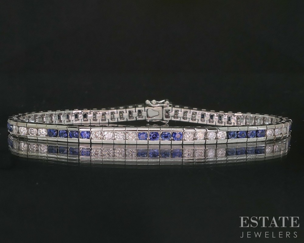 18k White Gold Natural Blue Sapphire & Diamond Tennis Bracelet 18g 6.75