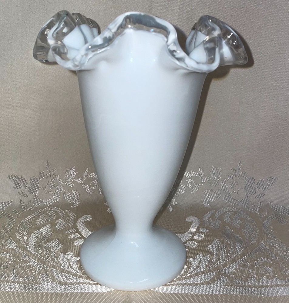 Fenton Trumpet Vase Silver Crest Ruffled Edge Footed Art Milk Glass 6.5”