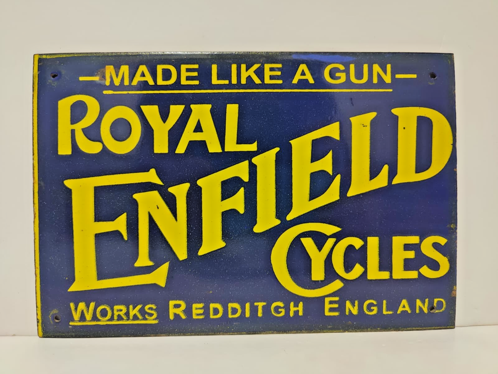 VINTAGE ROYAL ENFIELD CYCLES LIKE GUN PORCELAIN ENAMEL METAL SIGN SIZE 9