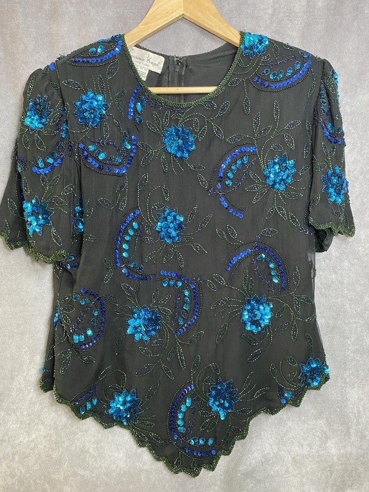 Lawrence Kazar Black Silk Beaded Sequin Pearl Evening Top Vintage 80's 90s XL