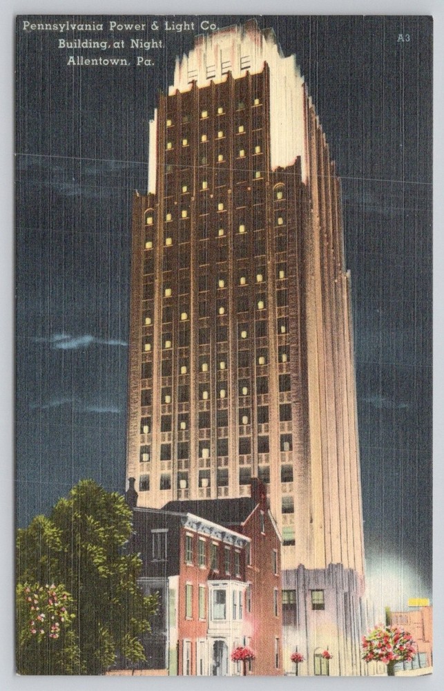 PPL Building Allentown PA Night Linen Postcard Pennsylvania Power Light Co.