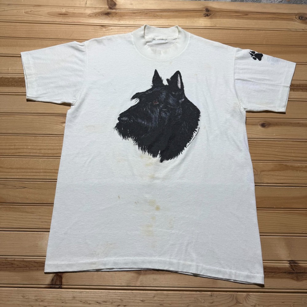 Vintage 80s Scottish Terrier Dog Paw Print Single Stitch Graphic T-Shirt - Large