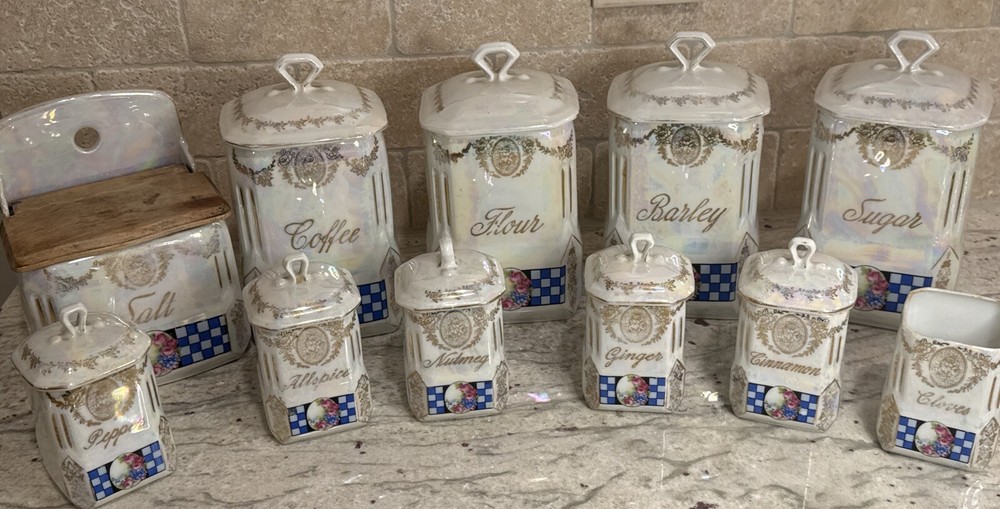 Antique 1920 Czechoslovakia Victoria China Lusterware Canister Spice Set of 11