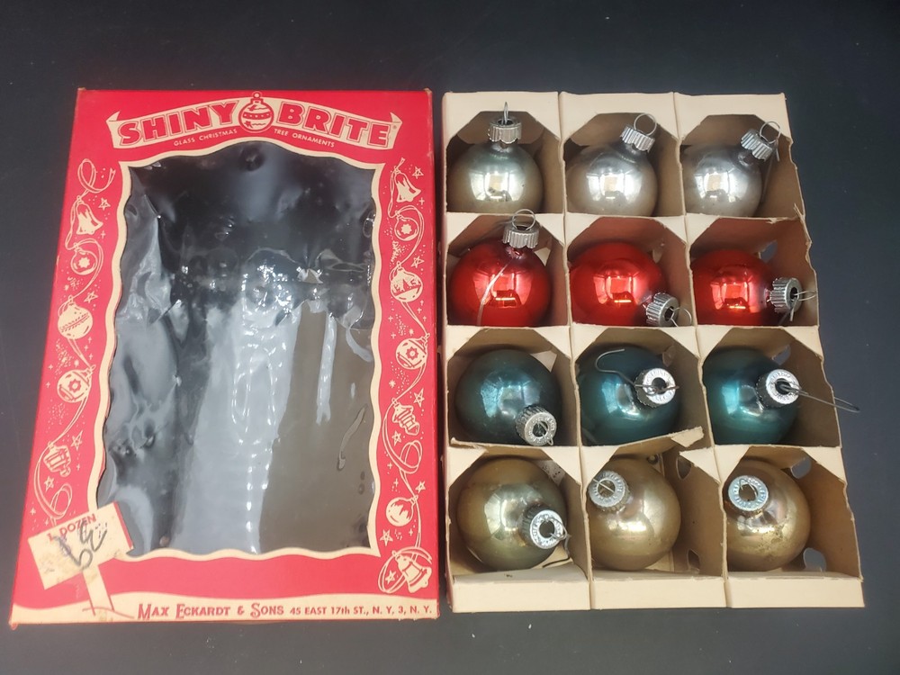 Shiny Brite (12) Solid Colors Vintage Christmas Ornaments in Original Box