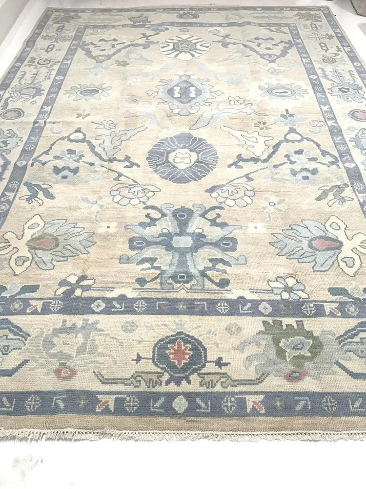 Hand Knotted Oushak Rug Wool Area Rug Beige Blue Muted Turkish Modern