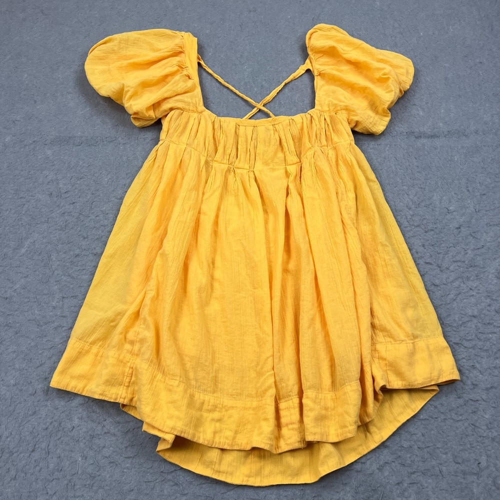 Free People Dress Women's Large Yellow Marina Mini Babydoll Puff Sleeve Lined