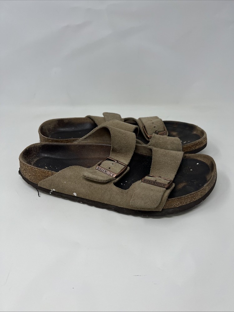Birkenstock Arizona Shoes womens Size 41 Narrow Taupe Suede Sandals Cork Slip On