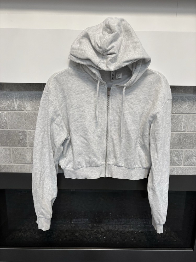 Women's Grey Cropped Hoodie Full Zip Size M Medium Sweatshirt Jacket H&M